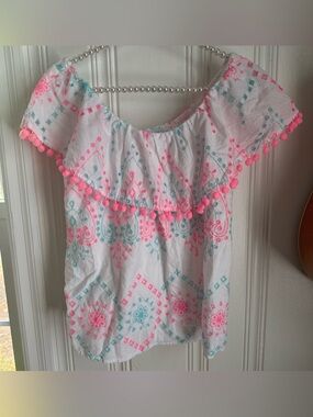 crown & ivy White Off-Shoulder Top with Pink Pom Trim & Teal Embroidery